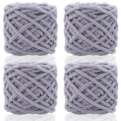 Zdjęcie produktu dla Wełna chenille do szydełkowania i robienia na drutach, gruba włóczka, 4 motki po 100g, jasnoszary