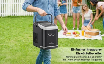 Produktbild von Tragbare Eiswürfelmaschine - Tischgerät - 12 kg/24 h Eisproduktion - 1,4 l Wassertank - 2 Eiswürfelgrößen - 6–8 Min für 9 Würfel - Selbstreinigung - Schwarz