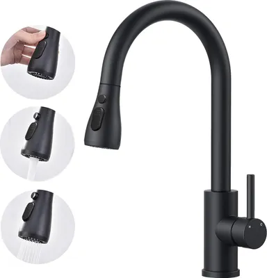 Produktbild von AICA Küchenarmatur Ausziehbarer Auslauf 360° Drehbar 3 Modus Edelstahl Armatur Schwarz