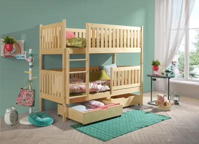 Produktbild von KEF Gabrielle Etagenbett Kinder Holz Kinderbett Holzbett mit Schubladen mit Matratze Leiter Rechts Kiefer 80x170 cm