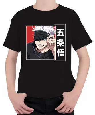 Produktbild von Jujutsu Kaisen Gojo Satoru 五条悟 Anime Ästhetik Augenbinde weißes Kinder T-Shirt, Schwarz, 128
