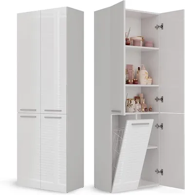 Produktbild von Badezimmerschrank Bad Schrank Mit Wäschekorb Weiß Glänzend Badschrank Mehrzweckschrank Badregal Stehend Hochschrank Schublade Tür Bodenschrank Allzweckschrank 1 Wäschekorb 174 x 60 x 30