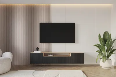 Produktbild von ALTDECOR TV-Schrank KITO-W mit Gefrästen Fronten 200x40x41 Lowboard hängend, TV Möbel, TV Cabinet, Fernsehtisch, Fernsehschrank, TV Kommode, TV Tisch, TV Sideboard, TV Board - Artisan / Schwarz
