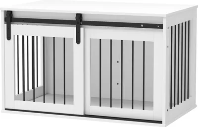 Produktbild von Hundebox mit Schiebetür, Belüftung, Spanplatte und Stahl, 98 x 58 x 61 cm, Weiß