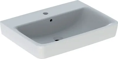 A white ceramic sink with a single faucet hole and an overflow drain.