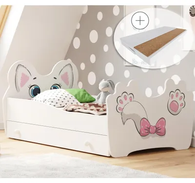 Produktbild von Kinderbett Jugendbett 80x160 cm mit Matratze, Schublade und Lattenrost, Motiv Katze MDF-Holz  Europe Komplettbett Einzelbett