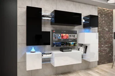 Produktbild von Furnitech Wohnwand Wohnzimmer - Wohnzimmer Möbel mit LED RGB - 16 Farben - Hängend Wohnwand Modern - Regale und TV Schrank (Albania AN3N-21BW-HG3-1A)