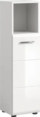 A single white, modern-looking cabinet with a shelf at the top and three drawers below.