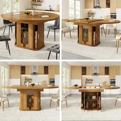 Image de Table à manger ronde extensible en ovale 118-158 cm Table de salle à manger pour 6 personnes avec portes vitrées Table de cuisine moderne en noyer