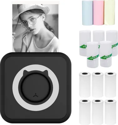 Produktbild von Mini-Drucker Fotodrucker fš¹r Smartphone Bluetooth Sofortbild-Thermodrucker mit 6 Thermopapierrollen + 5 selbstklebenden Papierrollen + 3 farbigen Thermopapierrollen 57 mm, kompatibel mit iOS und Android