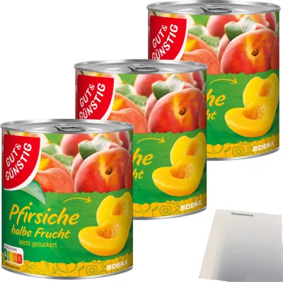 Produktbild von Gut & Günstig Pfirsiche halbe Frucht erntefrisch verarbeitet 3er Pack (3x820g Dose) + usy Block