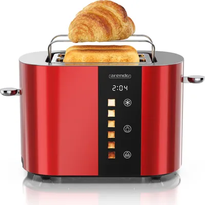 A red Arendo toaster with a croissant and two slices of toast on top, placed on a white reflective surface.