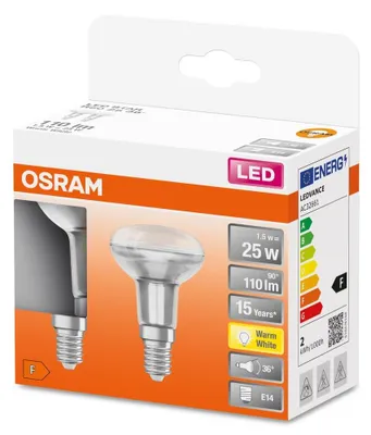 Zdjęcie produktu dla 2PAK Żarówka LED E14 R50 1,5W = 25W 110lm 2700K Ciepła 36° OSRAM STAR
