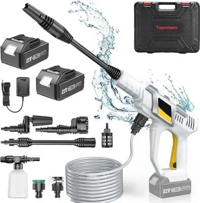 Produktbild von Tragbarer Akku Hochdruckreiniger mit 2x 21V 4000mAh Akku, 6-in-1 Multi-Sprühdüse, 0-180° Düse, 2x Wasserhahn-Adapter, Wasserhahn-Adapter, 5M Schlauch