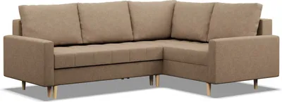 A brown sectional sofa with wooden legs against a white background.