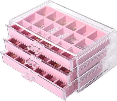 Imagen del producto de Caja organizadora de joyas de acrílico Unyqoos® con 3 cajones, color rosa, dimensiones 23,8 x 15 x 11 cm, con compartimentos extraíbles para anillos y pendientes