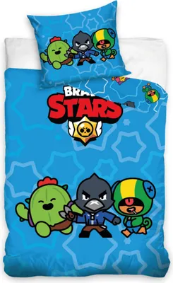 A blue bedding set with Brawl Stars characters and logo.