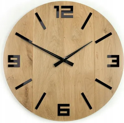 A wooden wall clock with black numbers and hands, presented on a white background.