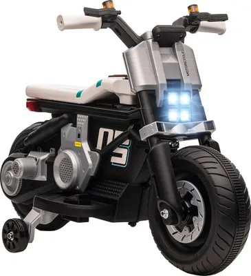 Produktbild von HOMCOM Kinder-Elektromotorrad, 6-V-Akku, Motorrad mit Scheinwerfern, Musikhupe, Geschwindigkeit 3 km/h, Vorwärts-Rückwärtsfahren und Hilfsrädern, für Kinder von 3–5 Jahren, Belastung 25 kg, 86 x 44 x 58 cm, Schwarz und Weiß