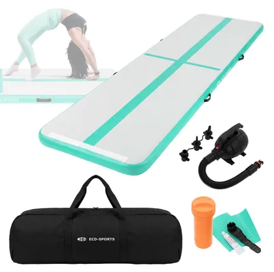 Produktbild von ECD Germany Aufblasbare Gymnastikmatte Turnmatte Airtrack 4m, Grün-Mint H:10 cm, inkl. Tragetasche, Luftpumpe & Flick-Set, Fitnessmatte Tumbling Matte