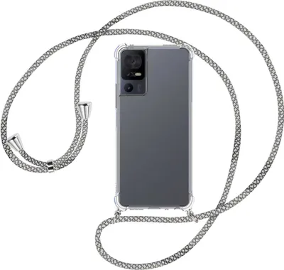 Produktbild von Handykette Backcover-Schutzhülle mit Band (Metall silberfarben) für TCL 40 SE (6.75'') - weiß/grau kariert