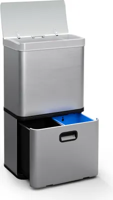Image de Klarstein poubelle à capteur sans contact 56 L - Poubelle de tri sélectif avec capteur de mouvement, 3 compartiments, Soft-Close, acier inoxydable, poubelle de cuisine