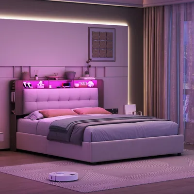 Obrázok produktu pre CDGlobal čalúnená posteľ 140x200cm s LED diódou a funkciou nabíjania, hydraulická skriňová posteľ s lamelovým roštom, úložným priestorom a kovovým rámom, posteľná bielizeň pre mladých, biela