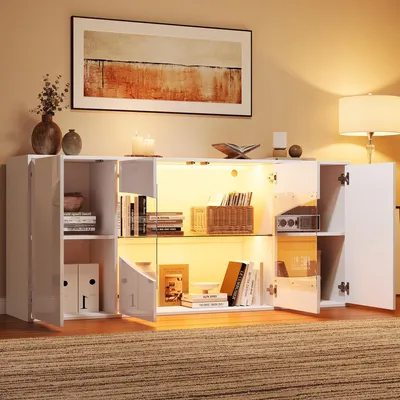Productafbeelding van STILVORA dressoir met RGB-LED-verlichting, vitrine met 4 deuren en veiligheidsglas, glazen vitrine met verstelbare planken, wit, glanzend