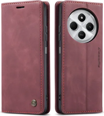 A product shot of a red flip phone case for a Xiaomi Redmi 14C, shown from two angles.