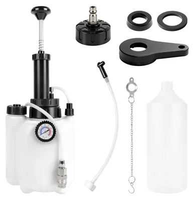 Image de Purgeur de freins - Contient 3 litres de liquide de frein. Purgeur sous pression - Utilisation à une seule personne - Livré avec une bouteille de récupération et de remplissage - Pression : 0,7–1,0 bar - Adapté aux véhicules européens et aux systèmes ABS