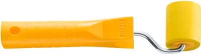 A yellow wallpaper roller with a silver metal arm, isolated on a white background.