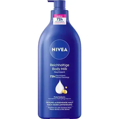 Zdjęcie produktu dla NIVEA Rich Body Milk, Mleko, Unisex, Nawilżający, Odżywiający, Zmiękczający, Wzmacniający, Skóra sucha, Bardzo sucha skóra, 625 ml, Olejek migdałowy