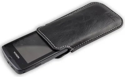 A black leather phone case with a Nokia phone partially inserted.
