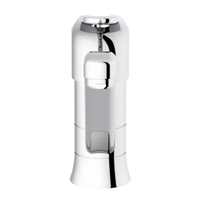 A close-up, studio shot of a chrome faucet on a white background.