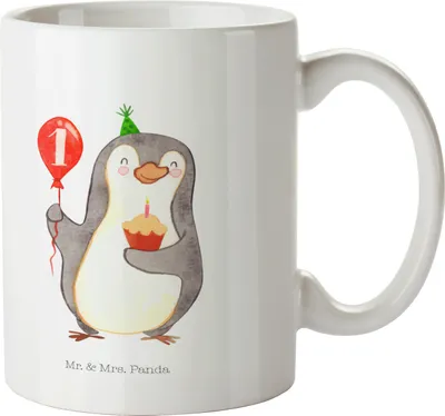 Produktbild von Mr. & Mrs. Panda Trinkbecher 1. Geburtstag Pinguin Luftballon - Weiß - Geschenk, Kaffeetasse, Happy Birthday, Pott, Kaffeebecher, Teetasse, Tasse, mit Spruch