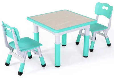 Image de Table pour enfants avec 2 chaises - Table d'apprentissage et de jeu à hauteur réglable - Pour les enfants de 3 à 8 ans - Forme carrée - En plastique - Turquoise