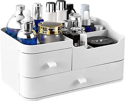 Imagen del producto de Uniqoos® - Organizador de maquillaje, blanco. Caja de almacenamiento para cosméticos fabricada en plástico PP, con 2 cajones, 6 compartimentos para lápices labiales y 8 compartimentos para maquillaje y joyas