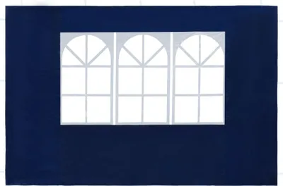 A stylized illustration of a dark blue wall with a white window frame containing three arched windows with internal divisions.