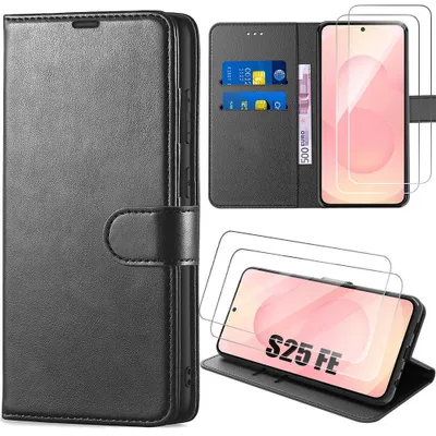 Image de Coque + 2 Verres Trempés pour Samsung Galaxy S25 FE, Protection Cuir Synthétique Antichoc Anti-Rayures Noir