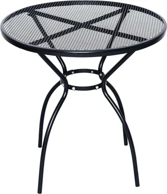 A black metal garden table with a round mesh top and three curved legs.