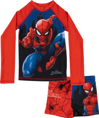 Produktbild von Marvel Spiderman Schwimmset UV-Schutz 30 für Jungen - Kinder Badeanzug Badeset langarm Shirt und Hose Zweiteiler Rot/Blau 134-140