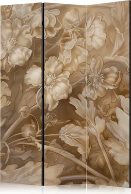 Produktbild von 3-teiliger Doppelseitiger Vlies Paravent - Carved Floral Ornaments in Soft Sepia and Brown Tones 135x172 cm Blumen b-H-10015-z-a