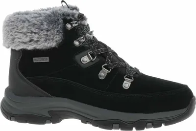 A black winter boot with gray fur trim.