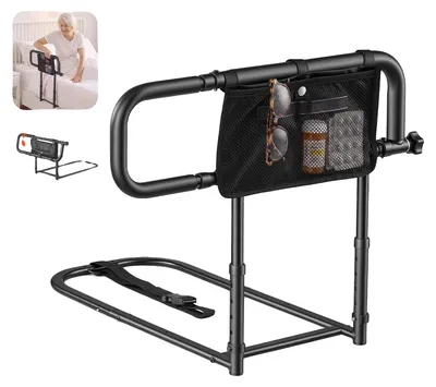 Immagine prodotto di VEVOR: Barriere di sicurezza per letto per anziani, pieghevoli, con capacità di carico di 136 kg, protezioni per letto per assistenza domiciliare e ospedaliera, regolabili per diverse dimensioni di letto, Acciaio al carbonio, con tasca e cintura