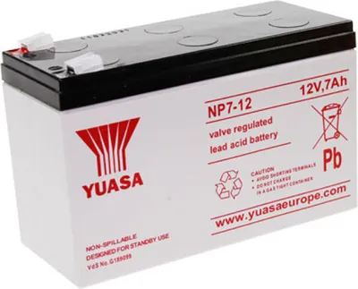 A white lead-acid battery with black top and red branding.