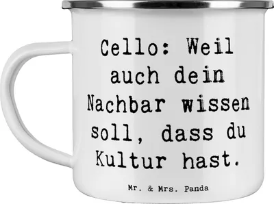 Produktbild von Mr. & Mrs. Panda Teetasse Spruch Cello Kultur - Weiß - Geschenk, Nachbar, Emaille Tasse, Musikinstrument, Instrument, Klassische Musik, Orchester, Musiker, Blechtasse