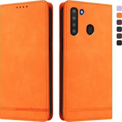 Produktbild von Hülle für Samsung Galaxy A21, Retro Kunstleder Ständer Klapphülle mit Kartenfächer und Magnetische Orange