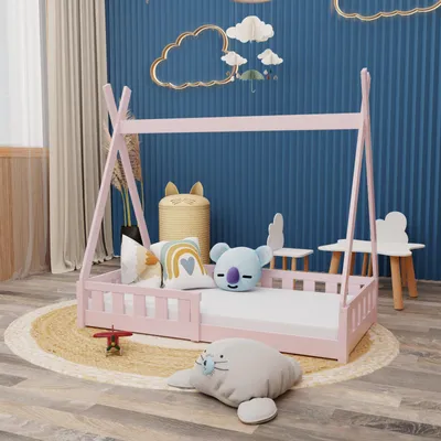 Produktbild von Montessori Kinderbett 140x70cm rosa Tipi Spielbett Zeltform Holz bodentief Rausfallschutz mit  100 Matratze