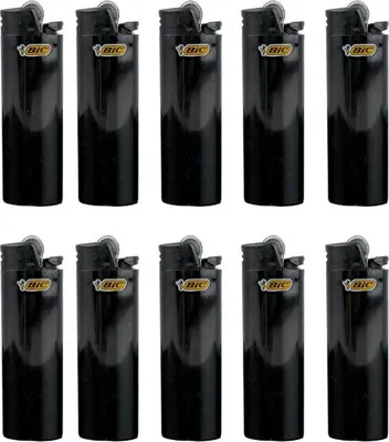 A collection of black BIC lighters arranged in two rows.