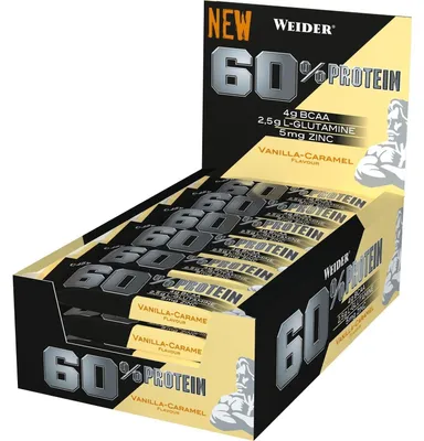 Produktbild von Weider 60% Protein Bar Eiweiß Riegel Box - 24x45g Riegel - Vanilla - Caramel